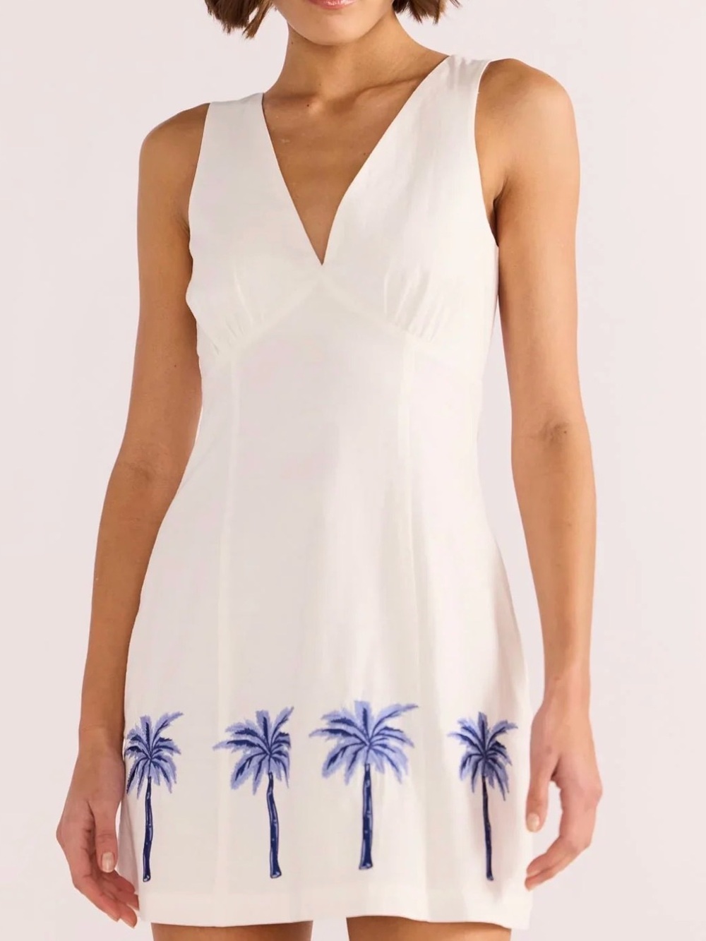 Minkpink Halter Isadora Dress White with Navy Palm Tree Embroidery